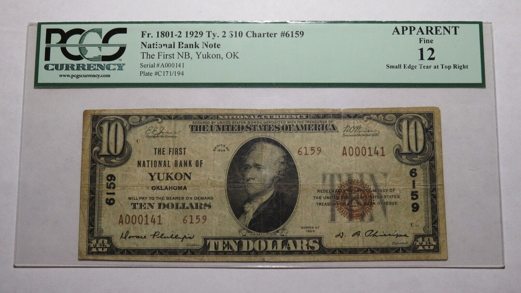 $10 1929 Yukon Oklahoma OK National Currency Bank Note Bill Ch. #6159 F12 PCGS