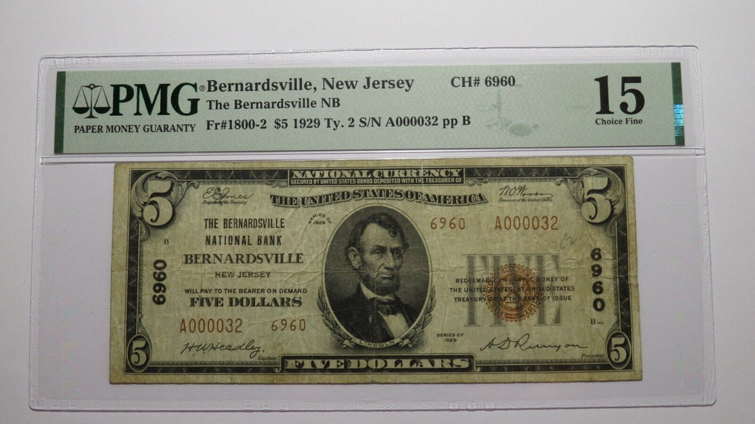 $5 1929 Bernardsville New Jersey National Currency Bank Note Bill Ch #6960 F15