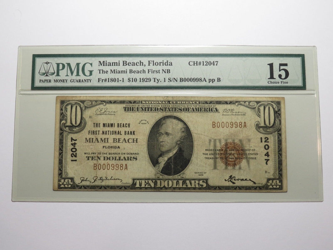 $10 1929 Miami Beach Florida FL National Currency Bank Note Bill #12047 F15 PMG