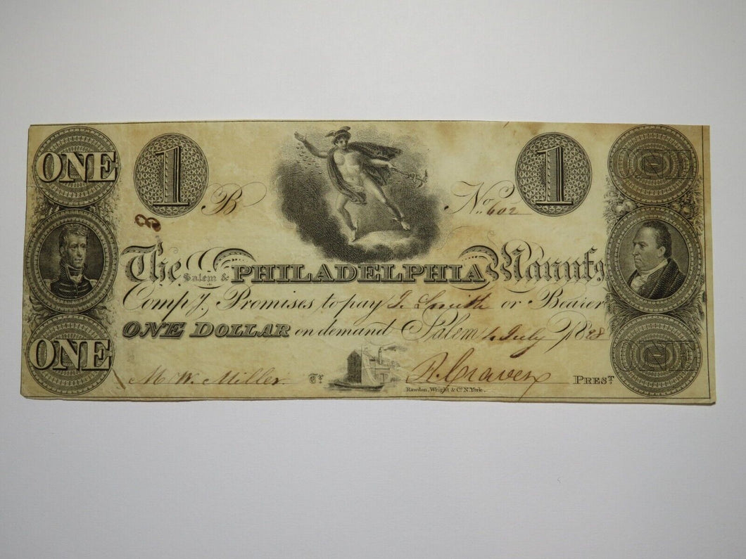 $1 1828 Salem New Jersey Obsolete Currency Bank Note Bill! Salem & Philadelphia