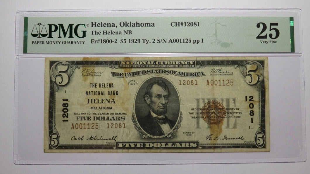 $5 1929 Helena Oklahoma OK National Currency Bank Note Bill Ch #12081 VF25