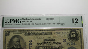 $5 1902 Motley Minnesota MN National Currency Bank Note Bill! Ch. #7764 PMG F12