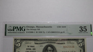 $5 1929 Orange Massachusetts MA National Currency Bank Note Bill Ch #2255 VF35