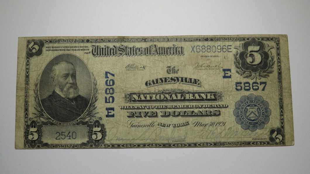 $5 1902 Gainesville New York NY National Currency Bank Note Bill Ch. #5867 RARE