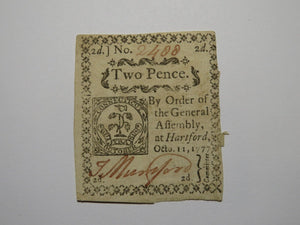 1777 Two Pence Hartford Connecticut CT White Paper Colonial Currency Note Bill