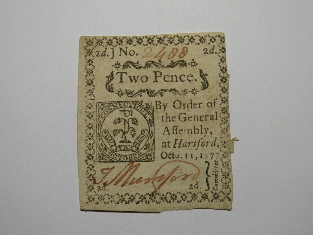 1777 Two Pence Hartford Connecticut CT White Paper Colonial Currency Note Bill