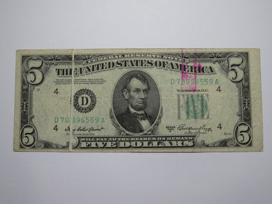 $5 1950-A Gutter Fold Error Federal Reserve Bank Note Currency Bill FINE+