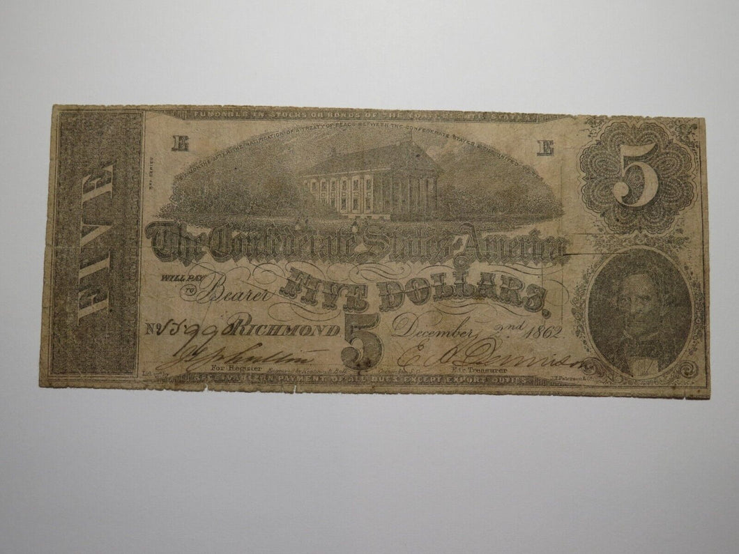 $5 1862 Richmond Virginia VA Confederate Currency Bank Note Bill RARE T53 VG