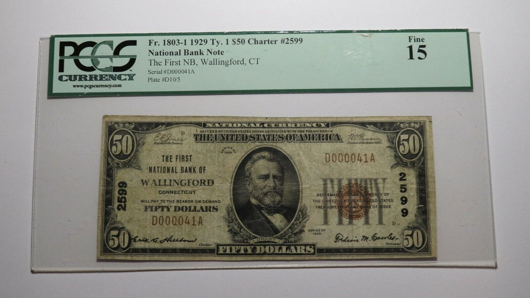 $50 1929 Wallingford Connecticut CT National Currency Bank Note Bill Ch. #2599