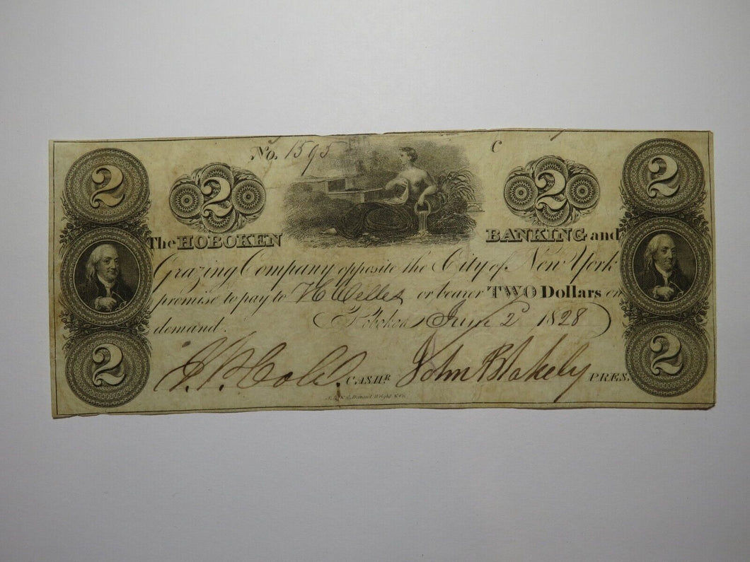 $2 1828 Hoboken New Jersey NJ Obsolete Currency Bank Note Bill Grazing Company