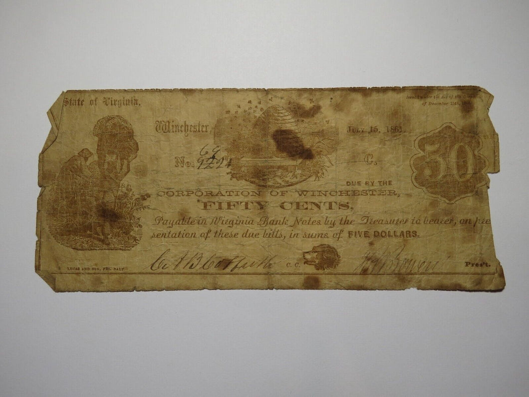 $.50 1861 Winchester Virginia VA Obsolete Currency Bank Note Bill Corp. of Win.