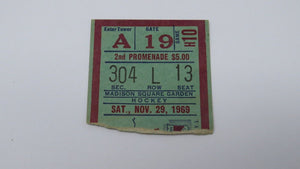 November 29, 1969 New York Rangers Vs Philadelphia Flyers NHL Hockey Ticket Stub