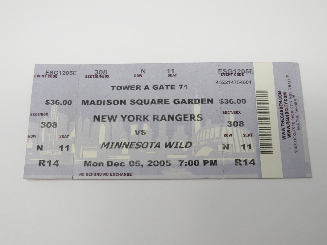 December 5, 2005 New York Rangers Vs. Minnesota Wild NHL Hockey Ticket Stub