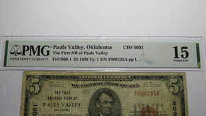 $5 1929 Pauls Valley Oklahoma OK National Currency Bank Note Bill Ch #5091 F15