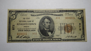 $5 1929 Knightstown Indiana IN National Currency Bank Note Bill! Ch. #872 FINE+