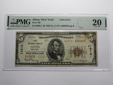 $5 1929 Afton New York NY National Currency Bank Note Bill Ch. #11513 VF20 PMG!