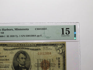 $5 1929 Two Harbors Minnesota National Currency Bank Note Bill #12357 F15 PMG