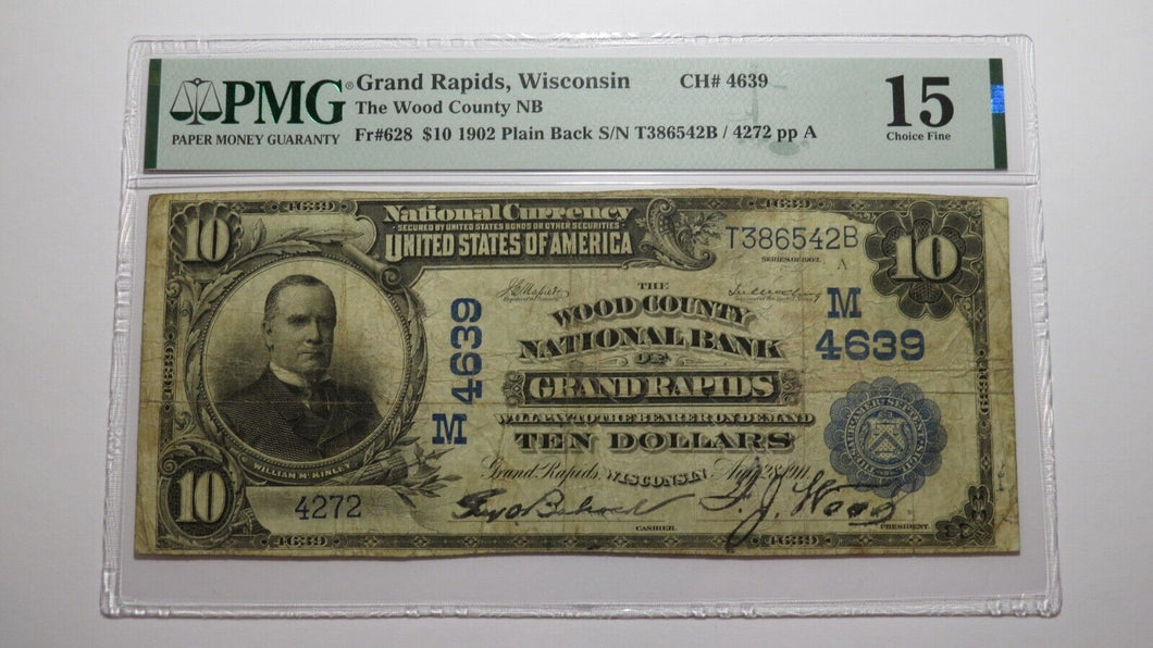 $10 1902 Grand Rapids Wisconsin WI National Currency Bank Note Bill 4639 PMG F15