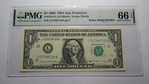 $1 1988 Radar Serial Number Federal Reserve Currency Bank Note Bill PMG UNC66EPQ