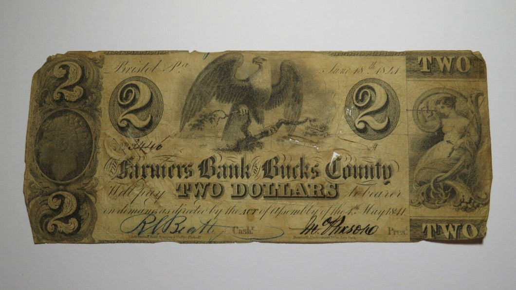 $2 1841 Bristol Pennsylvania PA Obsolete Currency Bank Note Bill! Bucks County