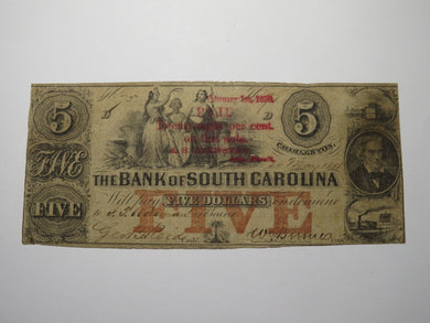 $5 1851 Charleston South Carolina Obsolete Currency Bank Note! Bank of SC