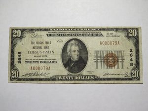 $20 1929 Fergus Falls Minnesota MN National Currency Bank Note Bill Ch. #2648 VF