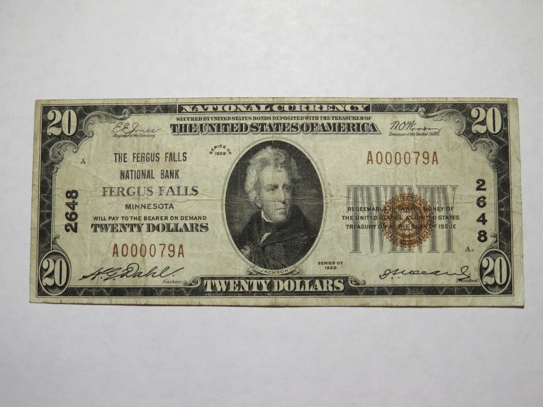 $20 1929 Fergus Falls Minnesota MN National Currency Bank Note Bill Ch. #2648 VF