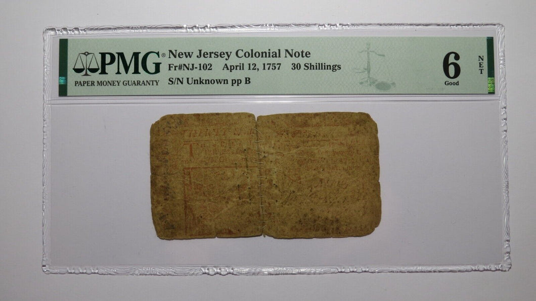 1757 Thirty Shillings New Jersey NJ Colonial Currency Bank Note Bill PMG 30s