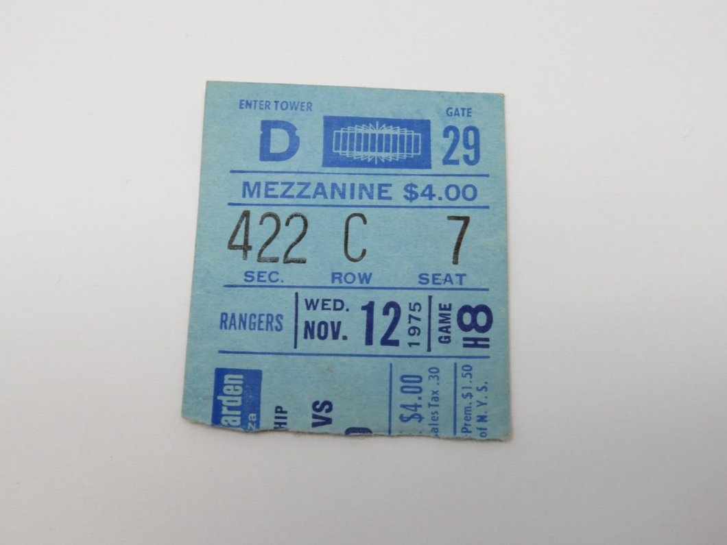 November 12, 1975 New York Rangers Vs. Chicago Blackhawks NHL Hockey Ticket Stub