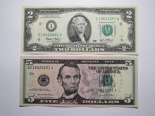 Load image into Gallery viewer, $2 2003 &amp; $5 2021 Matching Radar Serial Numbers Federal Reserve Bank Note Bills