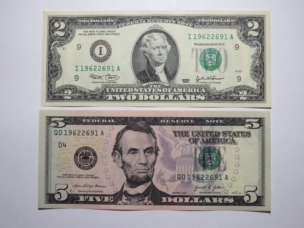 $2 2003 & $5 2021 Matching Radar Serial Numbers Federal Reserve Bank Note Bills