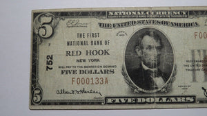 $5 1929 Red Hook New York NY National Currency Bank Note Bill Ch. #752 FINE