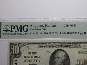 $10 1929 Augusta Kansas KS National Currency Bank Note Bill Ch. #6643 PMG VF30