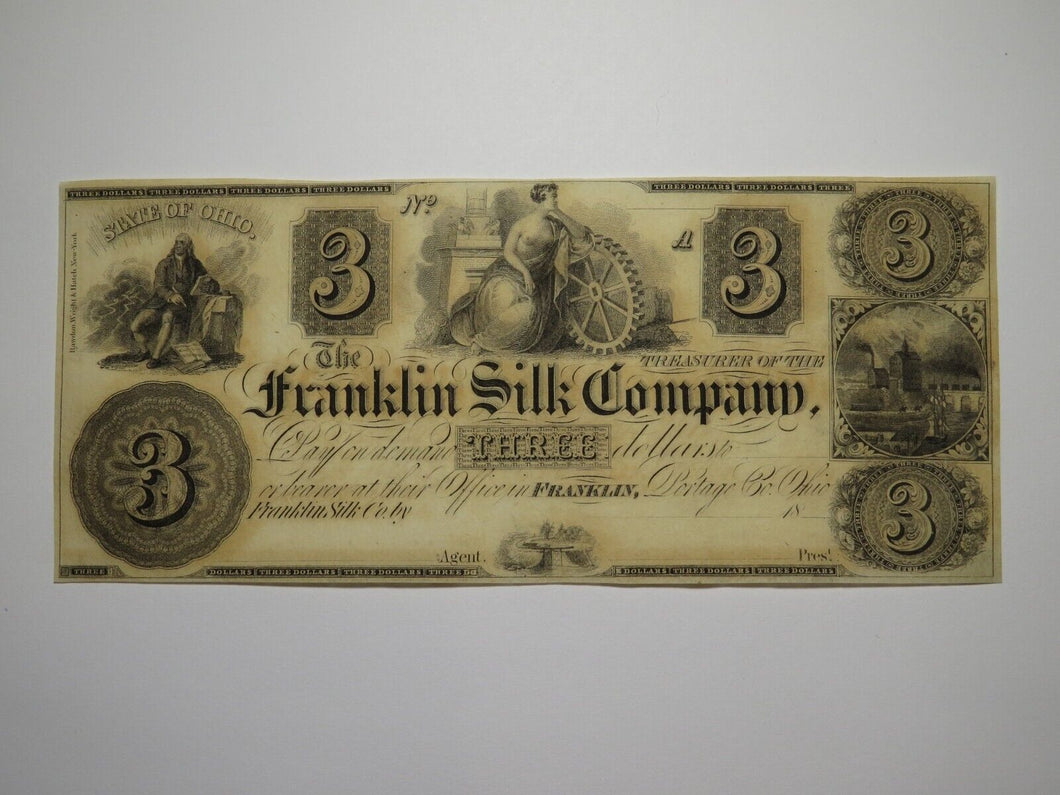 $3 18__ Franklin Ohio OH Obsolete Currency Bank Note Bill Remainder Silk Company