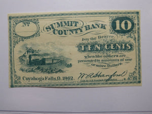 $.10 1862 Cuyahoga Falls Ohio OH Obsolete Currency Bank Note Bill Summit County