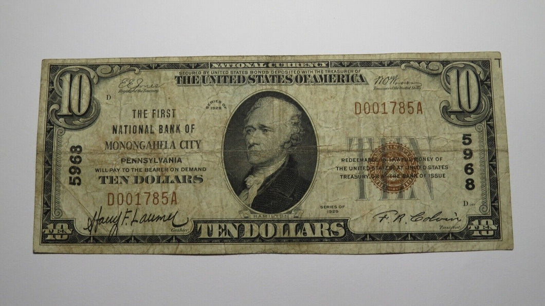 $10 1929 Monongahela City Pennsylvania PA National Currency Bank Note Bill #5968