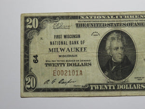 $20 1929 Milwaukee Wisconsin WI National Currency Bank Note Bill Ch. #64 FINE+