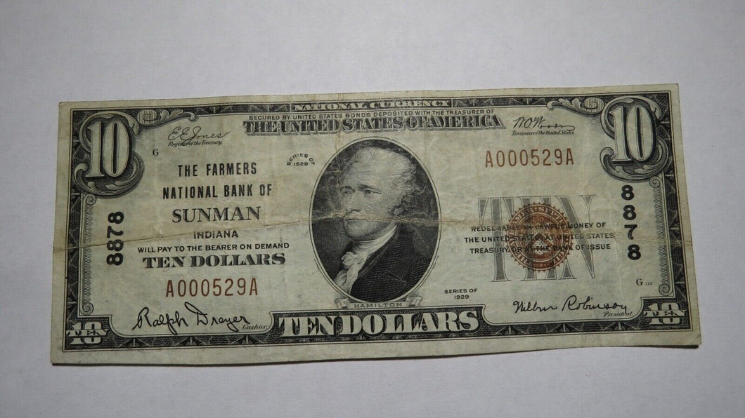 $10 1929 Sunman Indiana IN National Currency Bank Note Bill Ch. #8878 RARE!