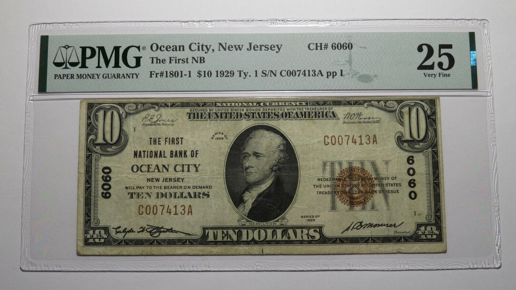 $10 1929 Ocean City New Jersey National Currency Bank Note Bill Ch. #6060 VF25!