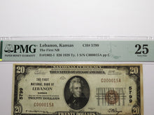 Load image into Gallery viewer, $20 1929 Lebanon Kansas KS National Currency Bank Note Bill Ch. #5799 VF25 PMG