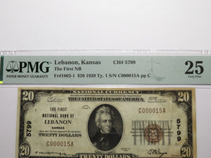 $20 1929 Lebanon Kansas KS National Currency Bank Note Bill Ch. #5799 VF25 PMG