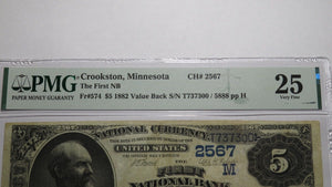 $5 1882 Crookston Minnesota MN National Currency Bank Note Bill #2567 VF25 PMG