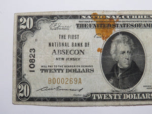 $20 1929 Absecon New Jersey NJ National Currency Bank Note Bill #10823 FINE