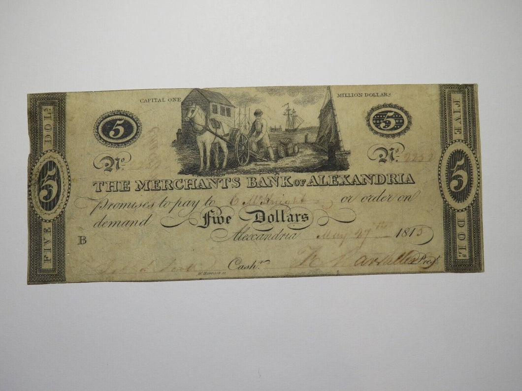 $5 1815 Alexandria Washington D.C. Obsolete Currency Bank Note Bill Merchants