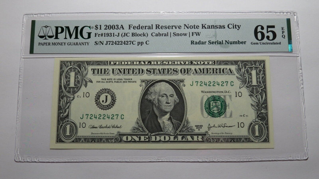 $1 2003 Radar Serial Number Federal Reserve Currency Bank Note Bill PMG UNC65EPQ