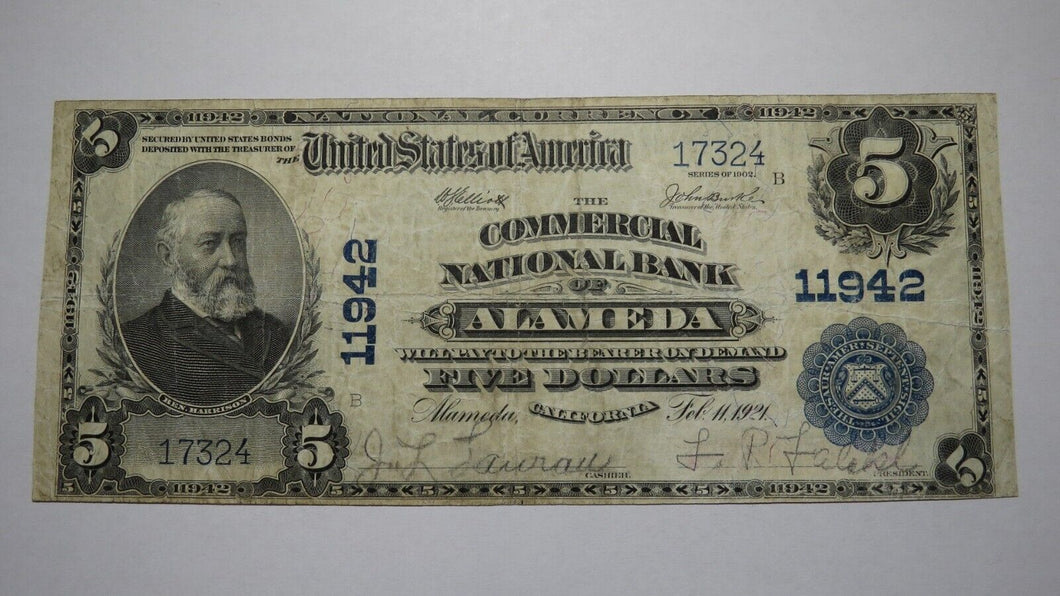 $5 1902 Alameda California CA National Currency Bank Note Bill Charter #11942 VF