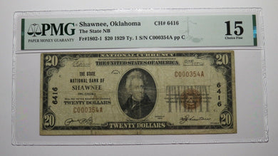 $20 1929 Shawnee Oklahoma OK National Currency Bank Note Bill Ch. #6416 F15 PMG