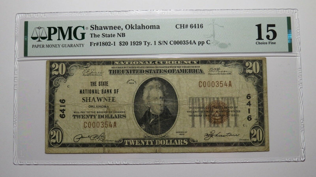 $20 1929 Shawnee Oklahoma OK National Currency Bank Note Bill Ch. #6416 F15 PMG