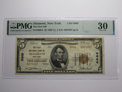 $5 1929 Altamont New York NY National Currency Bank Note Bill Ch. #9866 VF30