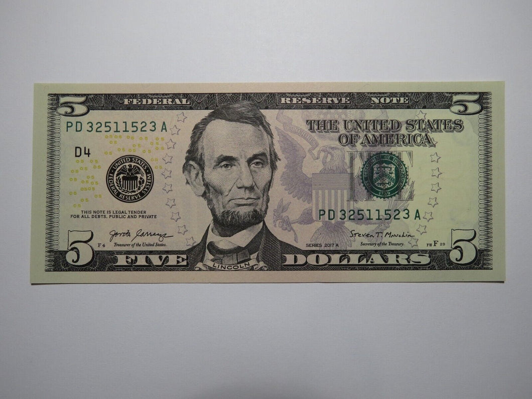 $5 2017 Radar Serial Number Federal Reserve Currency Bank Note Bill UNC++++